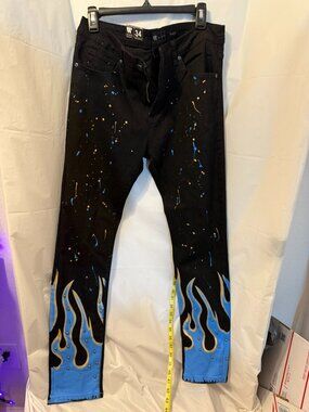 Waimea Mens Skinny Fit Jeans Size 34 NWT Black Blue Gold Flame Studded Streetwea